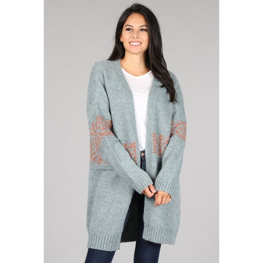 Oceanus Southwestern Boho chic Tribal Gray Open Front Cardigan Size S NWT